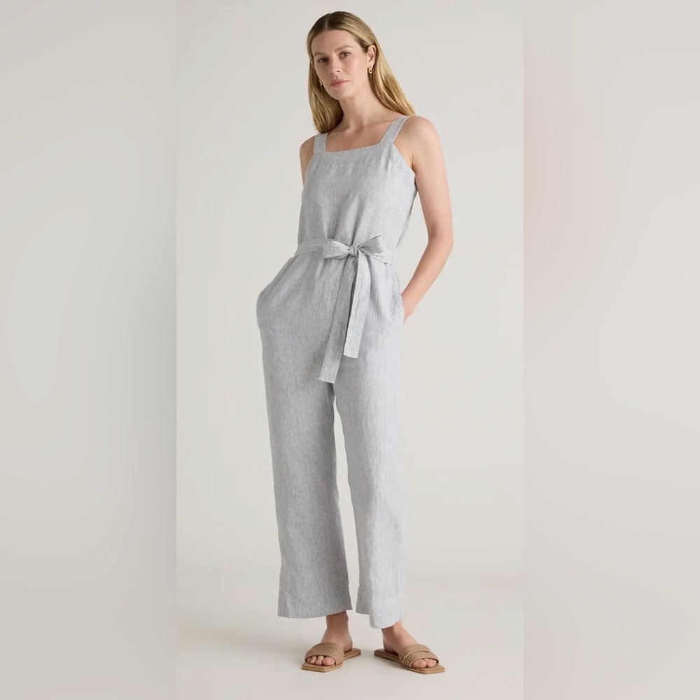 Everlane Striped Jumpsuit in Blue and White Linen - Size S/4